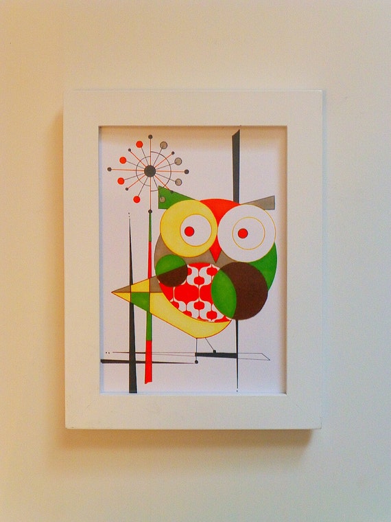 Items similar to Mid Century Modern Owl, Atomic Design, 5x7 print, Palm