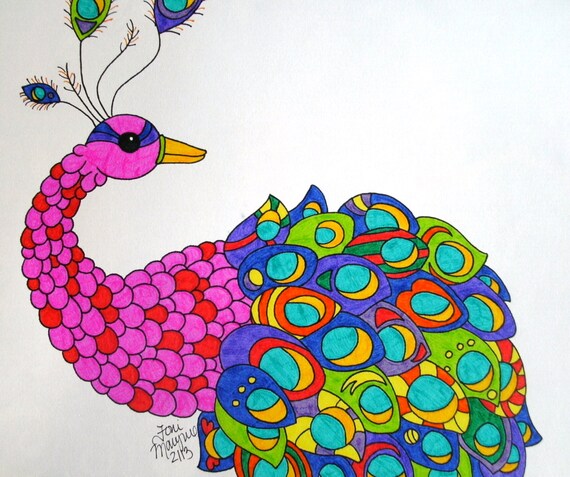 Pink and Red Peacock with Colorful Feathers Marker Drawing