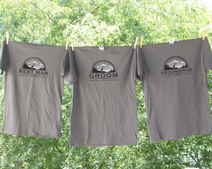 Set of 3: Mountain Theme Best Man Wedding Party Shirt with Date and Location