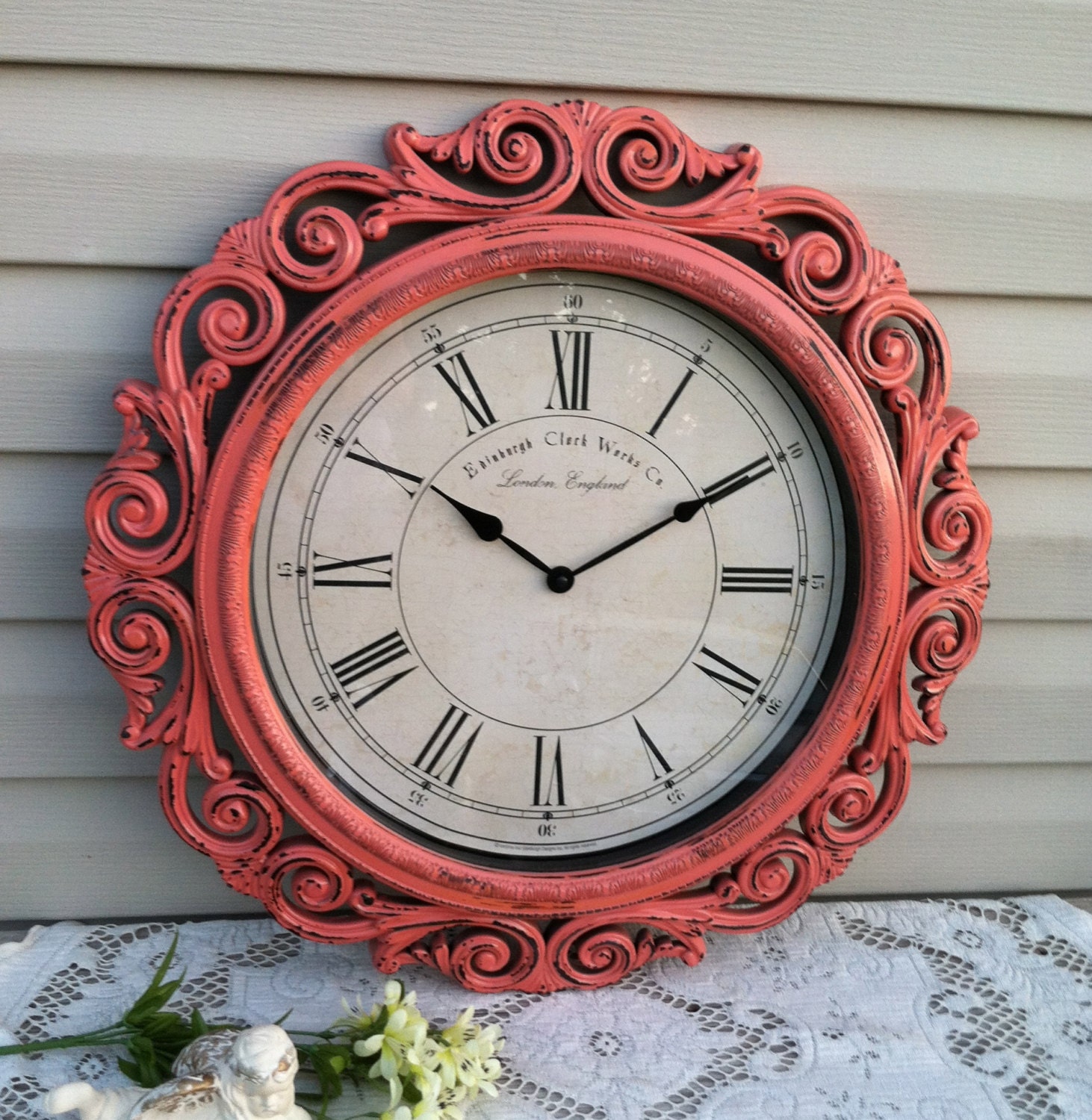 Coral Large Baroque Wall Clock 23 Wide Cottage Shabby