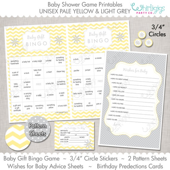 INSTANT DOWNLOAD Baby Shower Games  Digital PDF Files  Yellow and Grey by Whirligigs Party Co 