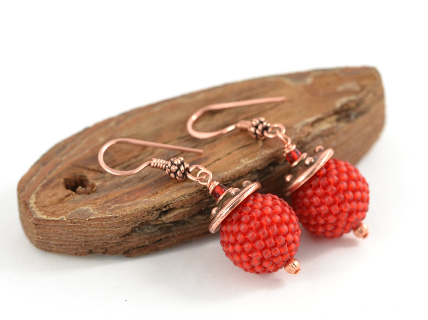 Beaded Bead earrings Red Coral Copper Earring