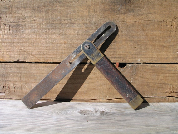 antique bevel square wood and brass carpenter's tool