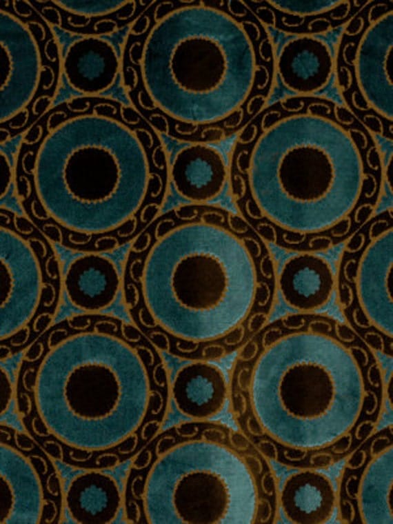 Peacock Blue Velvet - Geometric Fabric by the Yard - Blue Brown Fabric - Suzani Design - Velvet ...