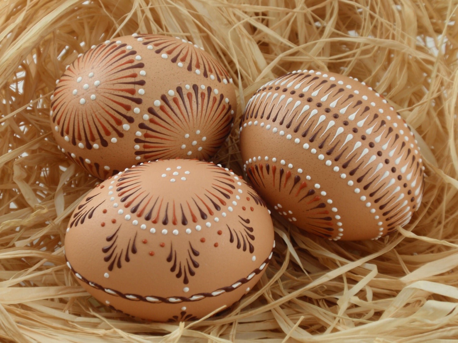 Easter Eggs Pysanky Set of 3 Decorated Brown Chicken Eggs