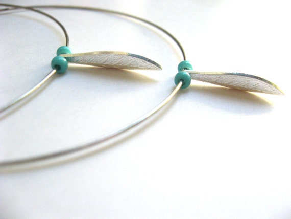 Large Silver Hoop Earrings with Leaf Charm and Turquoise beads, Minimalist Hoops, Leaf Charm Hoop Earrings, Turquoise and Silver Earrings