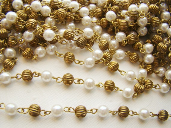 Vintage Pearl & Brass Beaded Rosary Chain 6mm Pearls Fluted