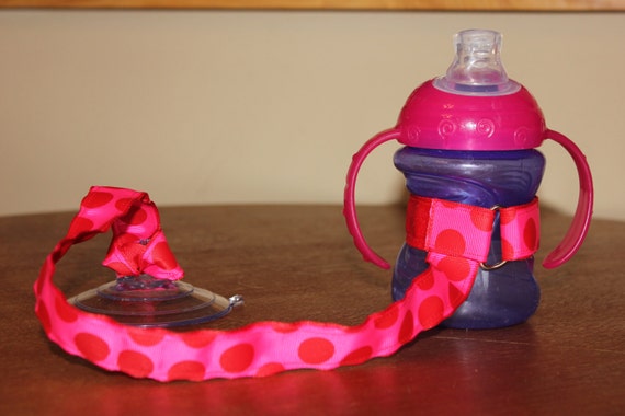 Bottle Tether, Toy Tether, Sippy Strap with Suction Cup-Hot Pink & Red Dots