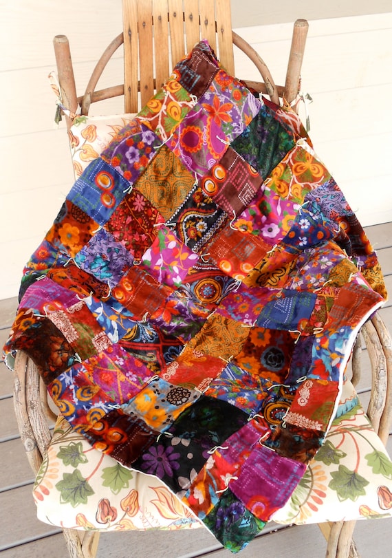 Sumptuous vintage velvet patchwork quilt throw blanket bright