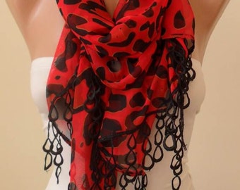 New - Mother's Day Gift Scarf - Orange Red and Black - Silk/Chiffon Scarf with Black Trim Edge