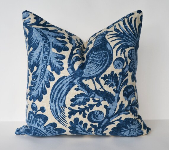 Decorative Pillow 18x18 Indigo blue floral bird design