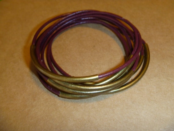 Burgundy Leather Antique Brass Tube Bangle Bracelet Set of 8