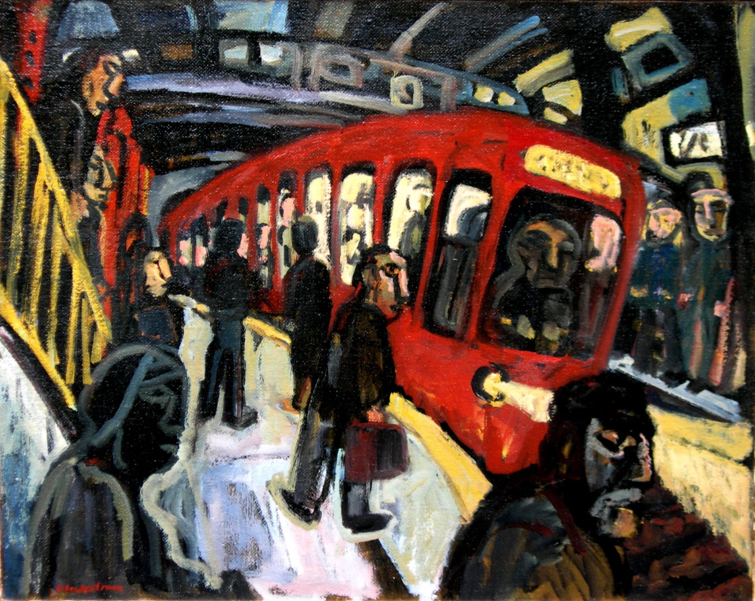 Oil Painting Red Subway. Large Framed Oil on Canvas Original