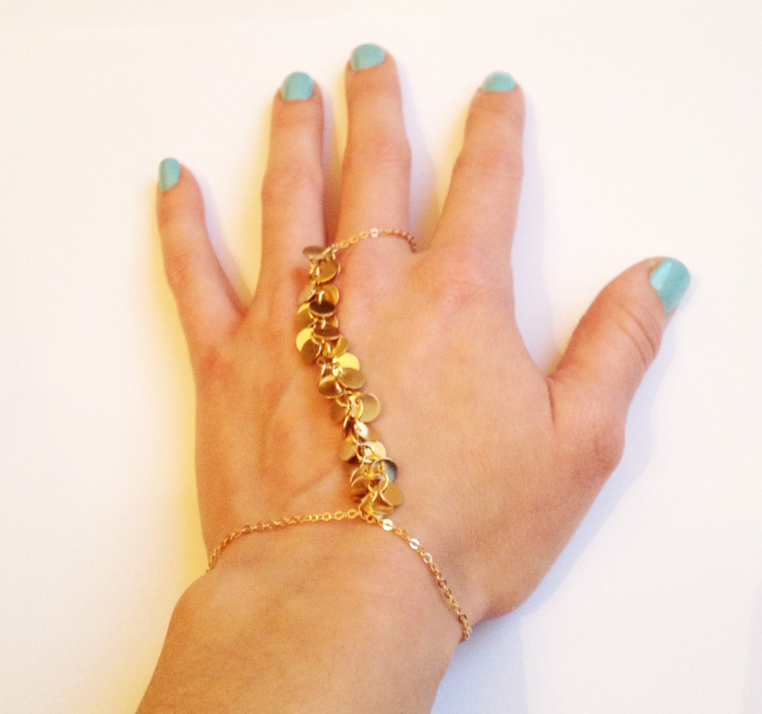 16K Gold Plated Hand Chain with Gold Circles Finger Bracelet