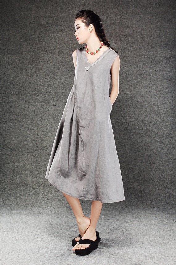 Gray Linen Dress - Midi Length Sleeveless V-Neck Loose-Fitting Plus ...