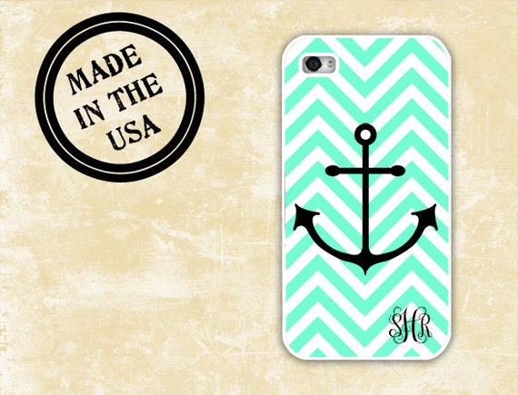 Mint Cute iPhone 4 case Anchor phone case iPhone case 4s - Tiffany blue chevron monogrammed Iphone cover 4 case 5 plastic or silicone (9960)