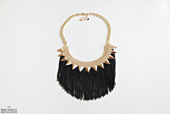 Black and Gold spikes Fringe Necklace