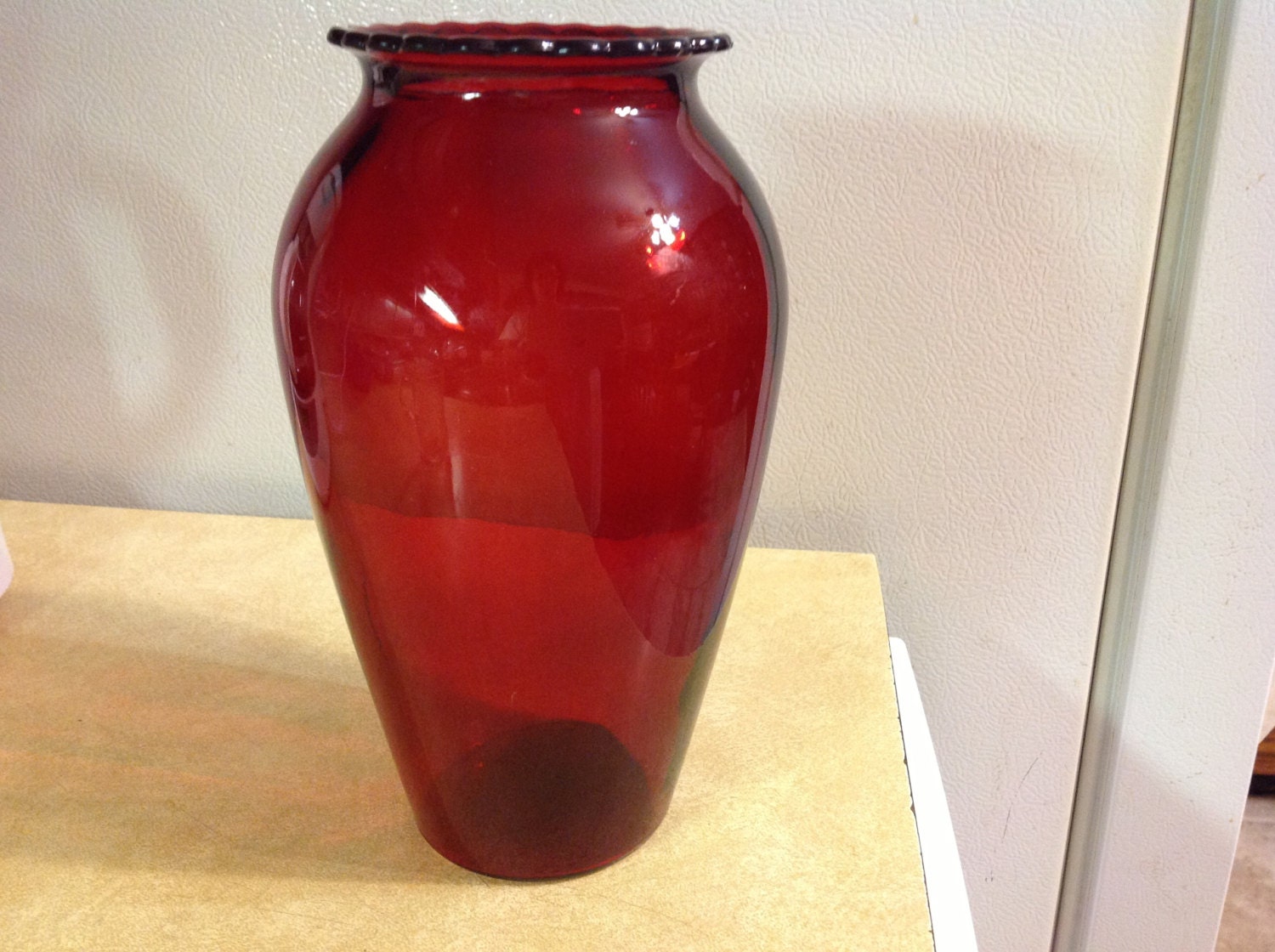 Vintage Ruby Red Vase With Scalloped Edge