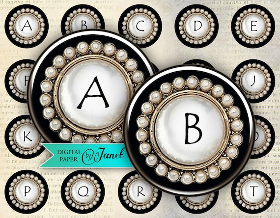 Black Button Alphabet - circles image - digital collage sheet - 1 x 1 inch - Printable Download