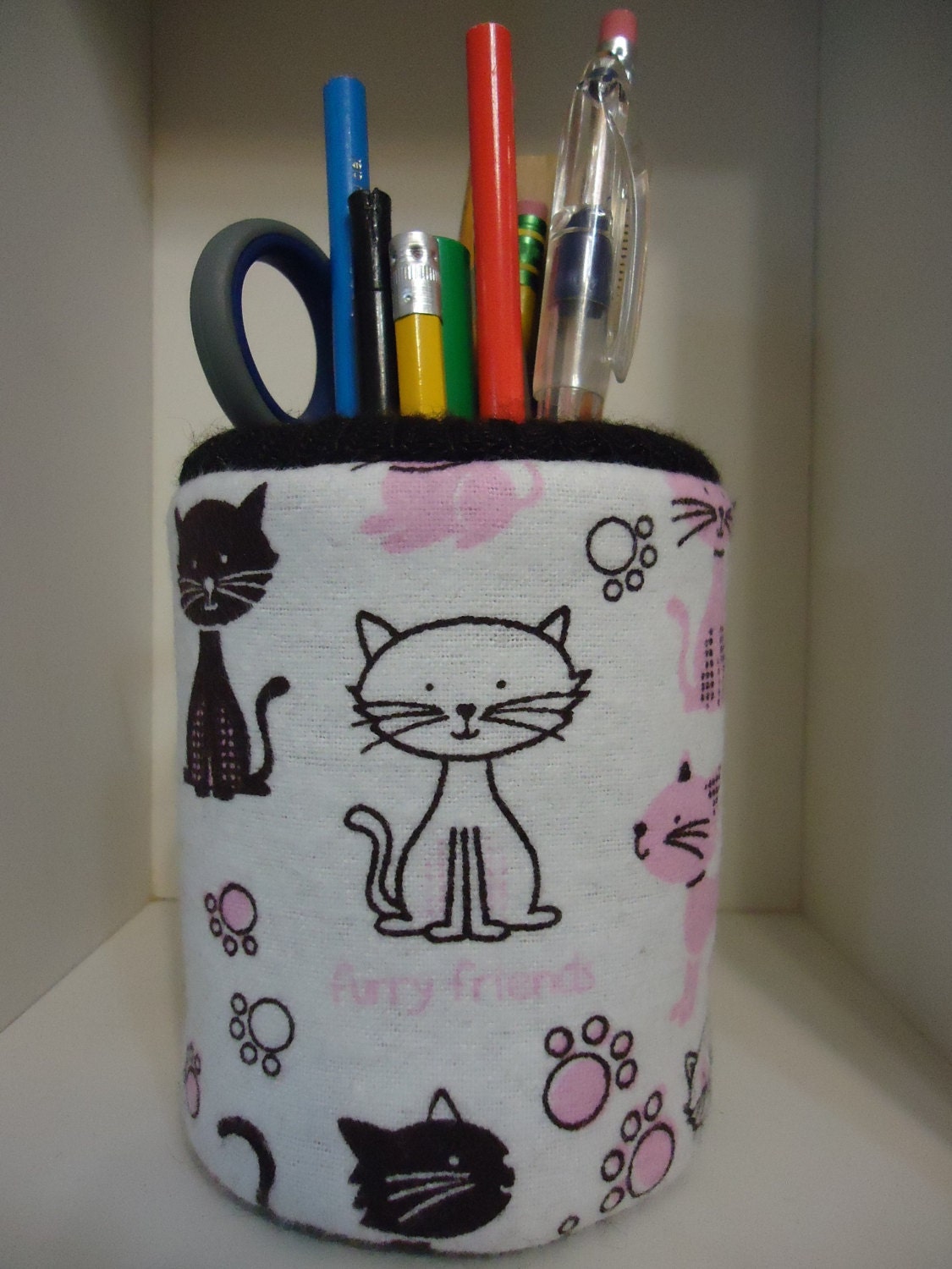 PINK & BROWN Kitty Cat Pencil Holder Handcraft Kitten FABRIC Great