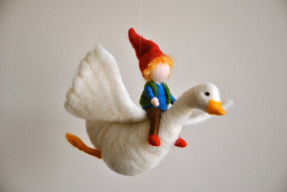 Children Mobile Waldorf inspired needle felt: The Boy and the goose Nils Holgersson's story