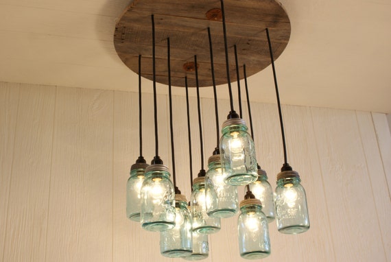 Mason Jar Chandelier - Antique Blue Mason Jars - Mason Jar Lighting - Upcycled Wood