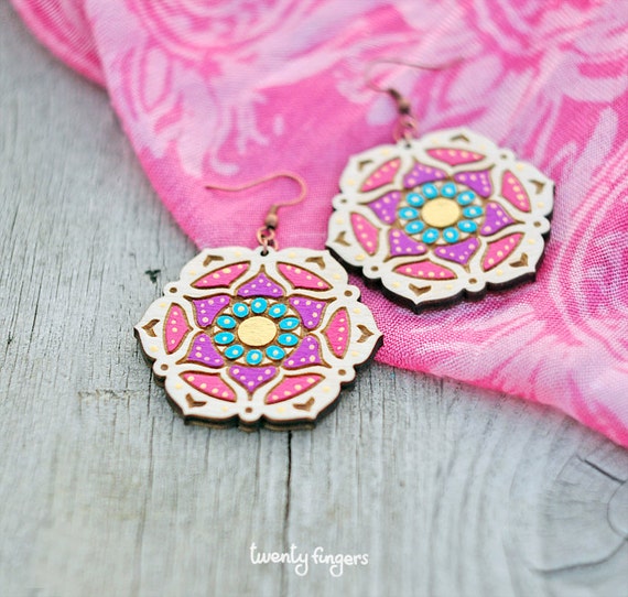 Wood Earrings with Pink and purple Oriental Ornament (Laser cut )