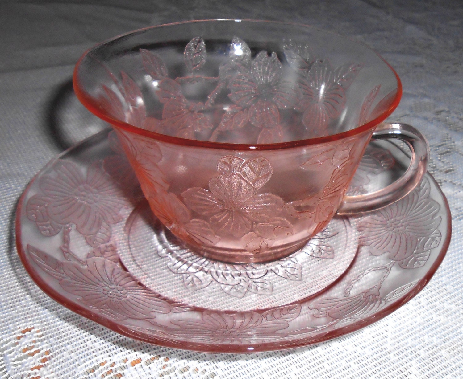 Vintage Tea Cup Saucer Pink Depression Glass Apple Blossom