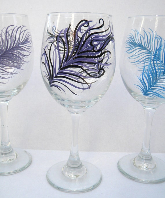 Items similar to Feathers Hand Painted Wine Glasses on Etsy