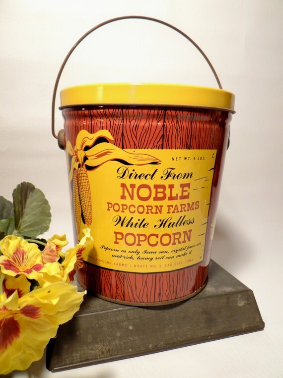 Vintage Popcorn Tin Pail Bucket Noble Farms Farmhouse