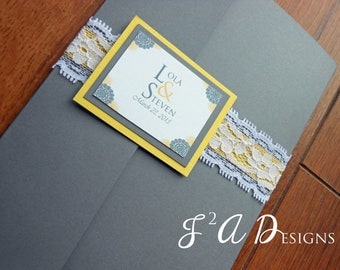 Lace Yellow and Gray Pocketfold Wedding Invitation