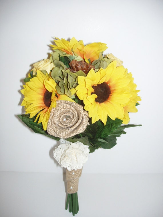 SUNFLOWER PRESERVED ROSE Burlap Bridal Bouquet Country