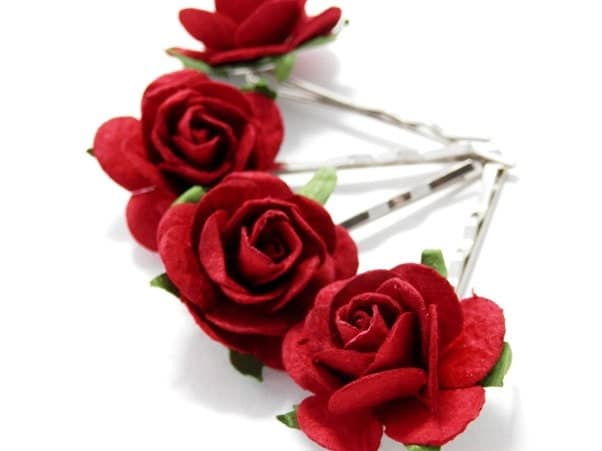 Small Red Rose Floral Hair Pin Set/ Traditional/ Bridal/