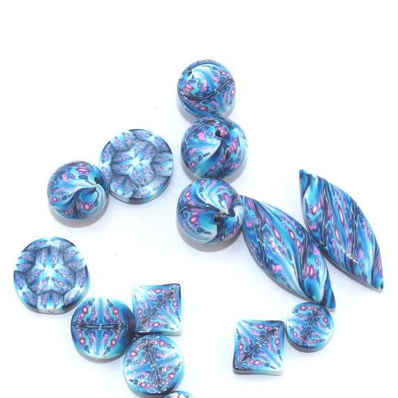Blue kaleidoscope beads polymer clay combination set of