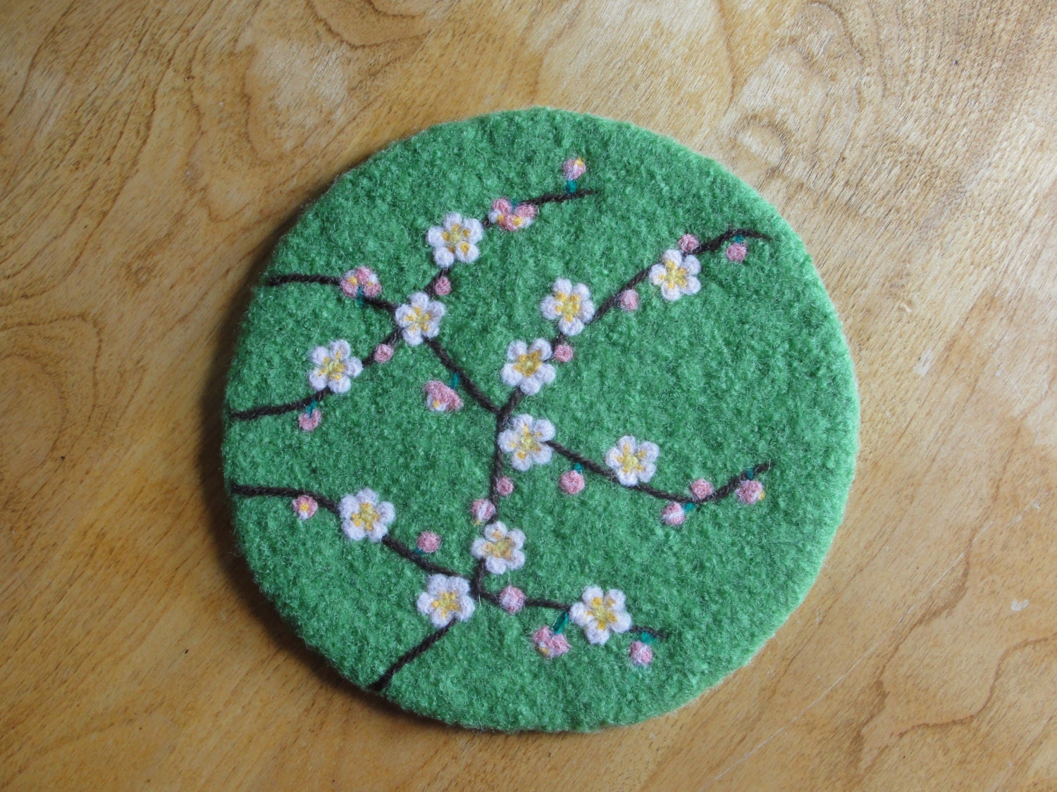 Handmade green wool felted hotpad/trivet with needle felted
