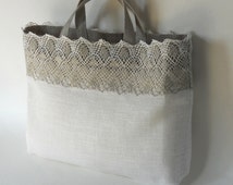 Linen tote bag ivory gray linen and lace custom made bridal tote ...