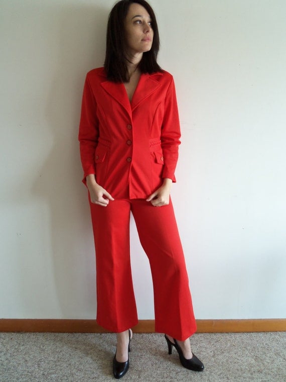 Vintage Red Polyester Leisure Pant Suit