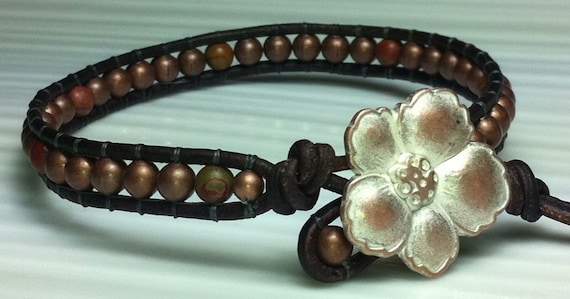 Copper leather single wrap beaded bracelet. Single wrap leather cuff bracelet. One of a kind.