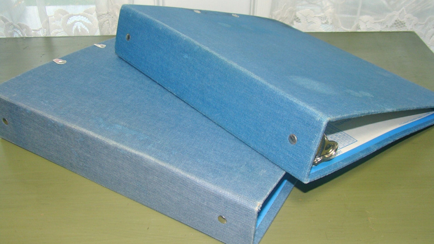 OldSchool Denim Binders with Metal Clips and Cloth Covers.