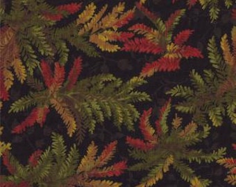 FOLIAGE FERNS by Sentimental Studios for Moda. Red,yellow, and green on black background.