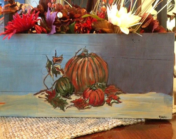 Wood Tool Box with handle, painted on both sides and Ornamental Flowers inside.