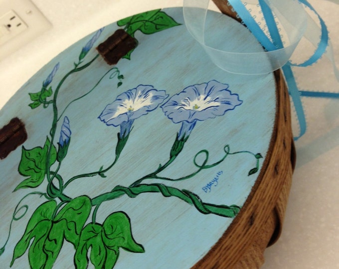 Solid Oak Hinged Lid 10 inch diameter Basket. Morning Glories painted in Acrylic on Top