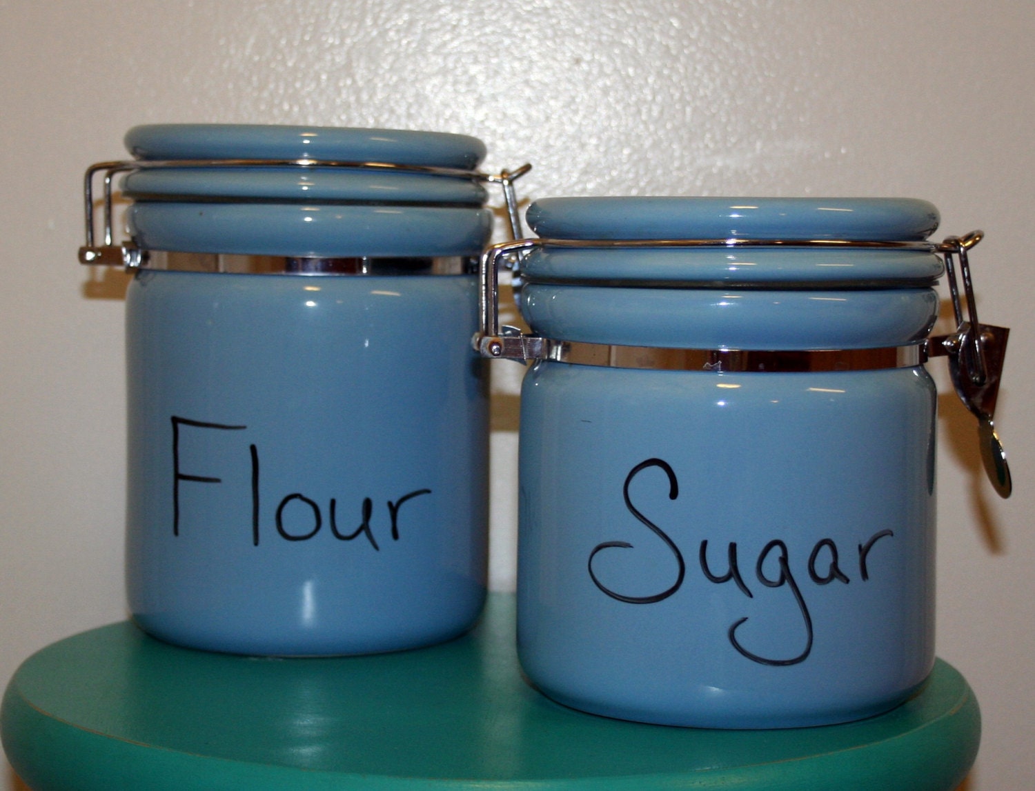Set of 2 Blue Ceramic Flour and Sugar Canisters with Wire Bale