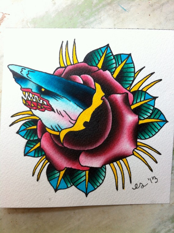 Shark in Rose Traditional Neotraditional Tattoo by Overthrown