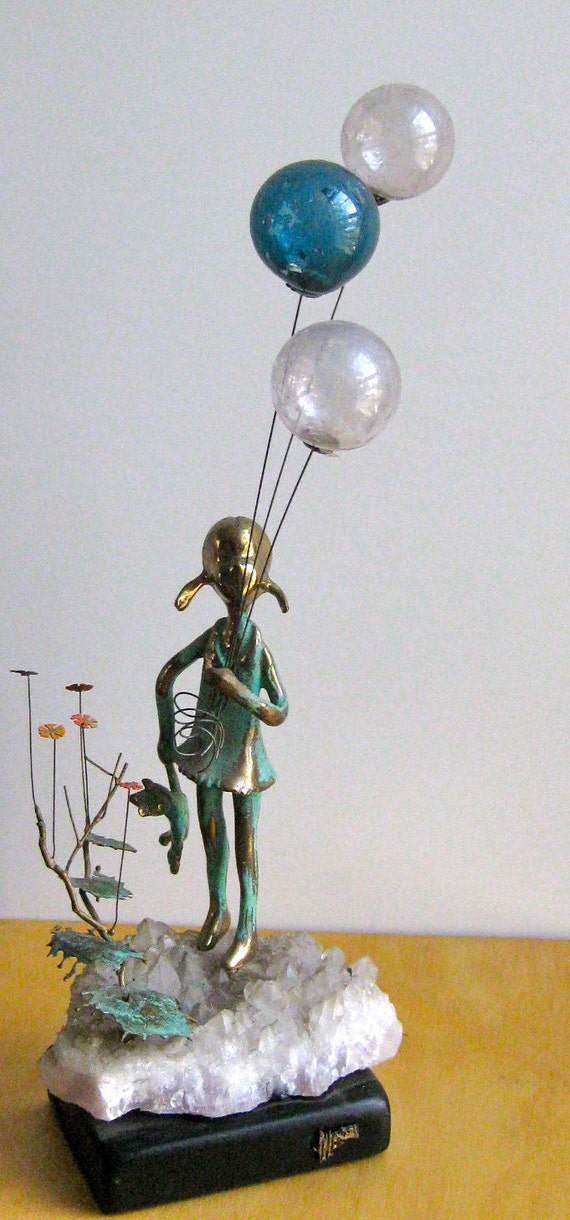 Vintage Malcolm Moran Bronze Girl with Balloons Sculpture