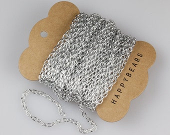 Silver Chain, Anodized Aluminum Chain, Oval Cable Chain, 5.3x3.5mm, Thread Dia. 1mm, Pkg of 30 feet, N0FI.SI06.L30F