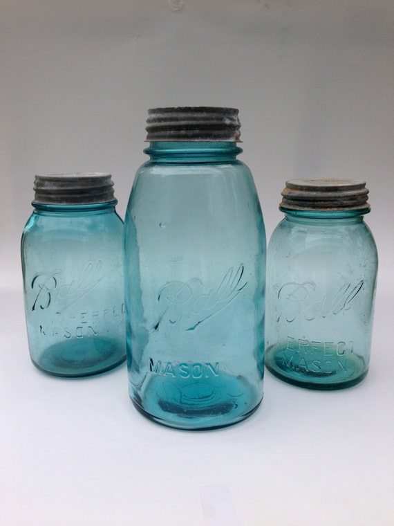 Antique Blue Ball Mason Jar Collection with Original Zinc Lids