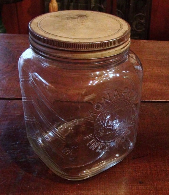 Large Vintage Monarch Finer Foods Glass Jar with Embossed