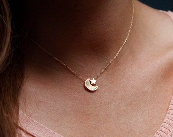 Moon and Star Necklace, Gold Moon Star Necklace