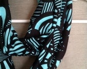 Soft Teal Tribal Scarf - Black Turquoise Cotton Loop Scarf - Spring Infinity Scarf